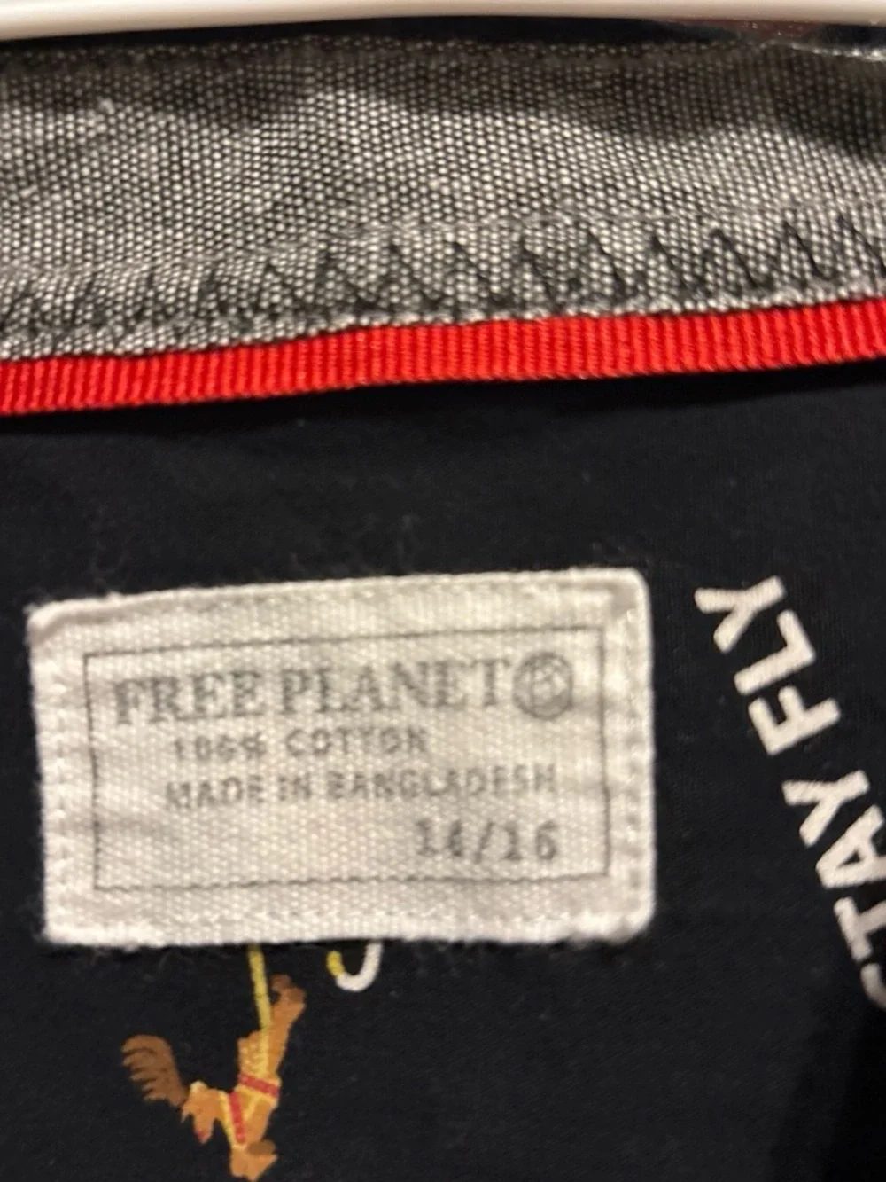 Free Planet Black Button-Down Shirt with Red and Tan Print